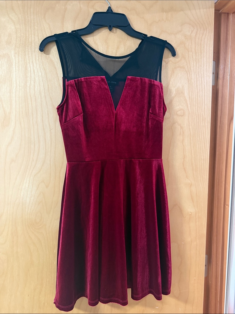 Red Velvet Mesh Yoke Fit & Flare Dress